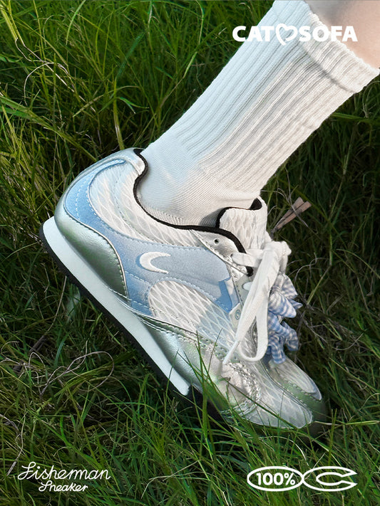 Cat&Sofa Silver-Blue Mesh Height-Boost Sneakers