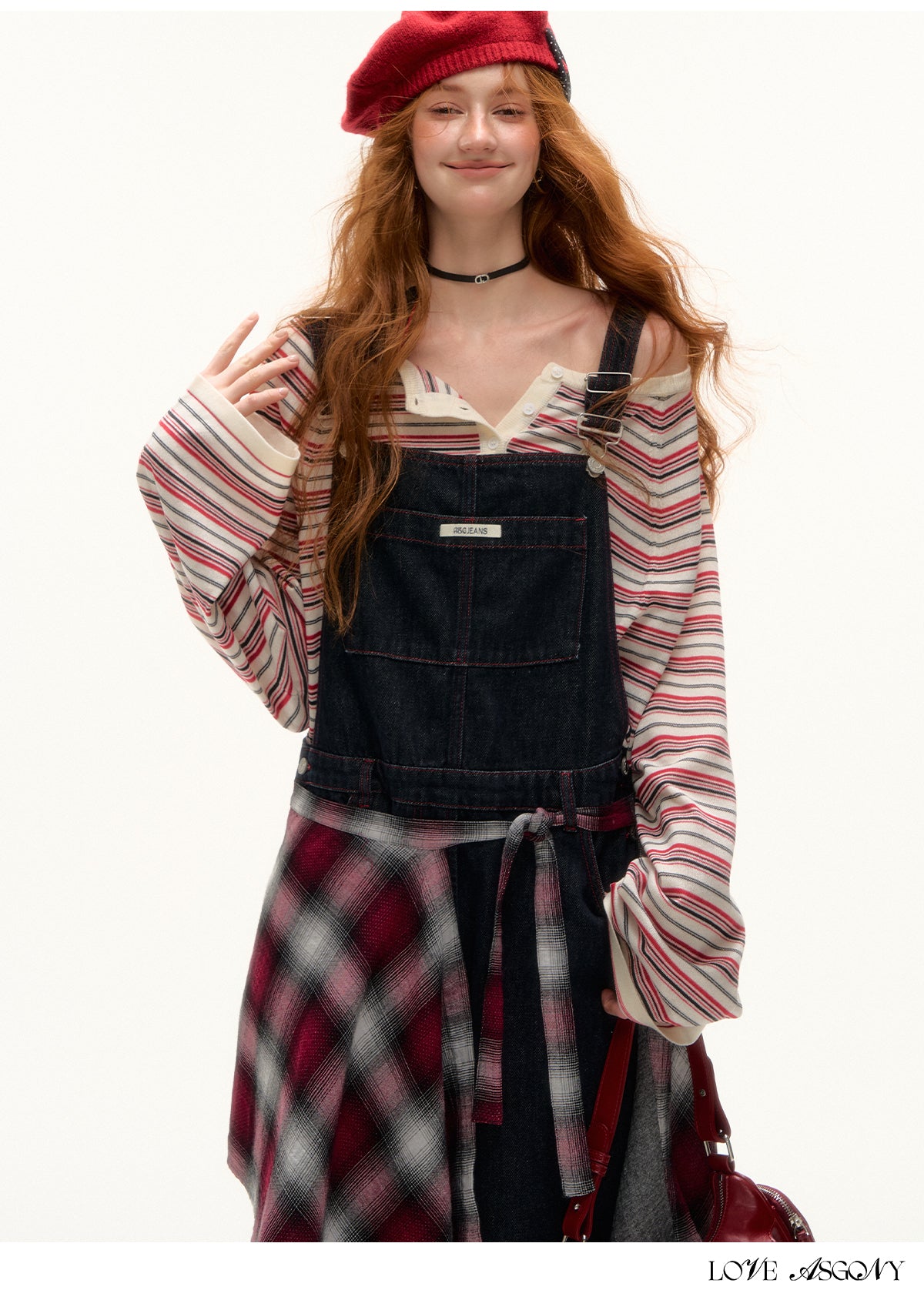 AsGony Red Stitch Raw Denim Wide-Leg Jumpsuit