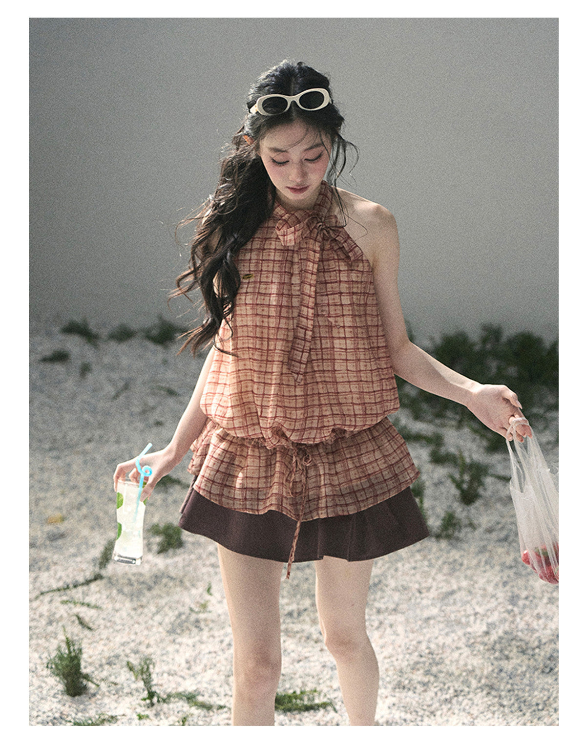 ShaoYeYan Aomalm Maple Red Whisper French Plaid Halter Top