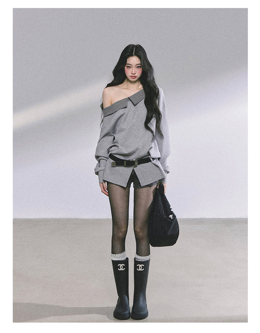 ShaoYeYan Intellectual Balmain Loose Off-Shoulder Plaid Sweatshirt