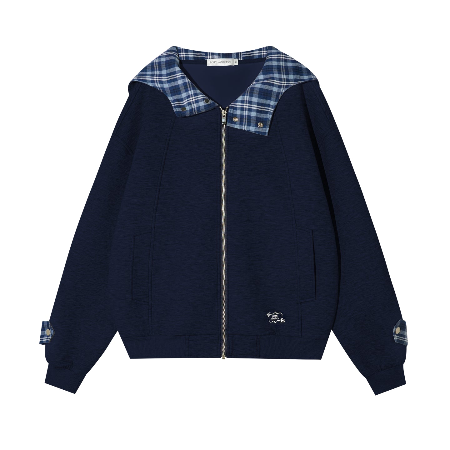 AsGony Plaid Panel Oversized Hooded Zip-Up