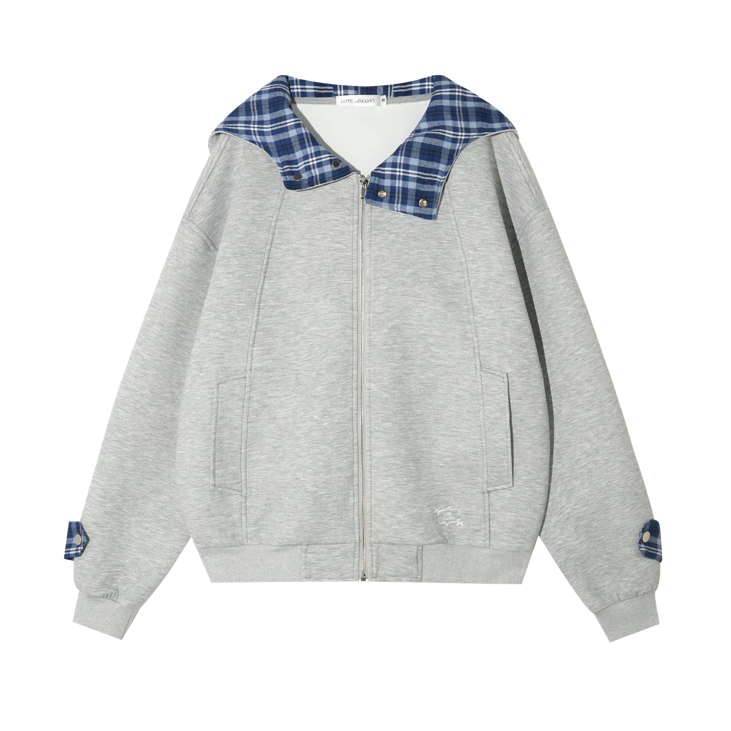 AsGony Plaid Panel Oversized Hooded Zip-Up