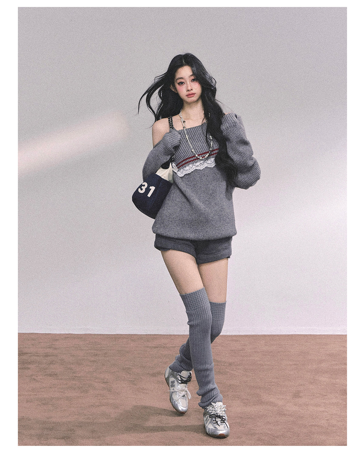 ShaoYeYan British Wit American Academia Lace Off-Shoulder Sweater