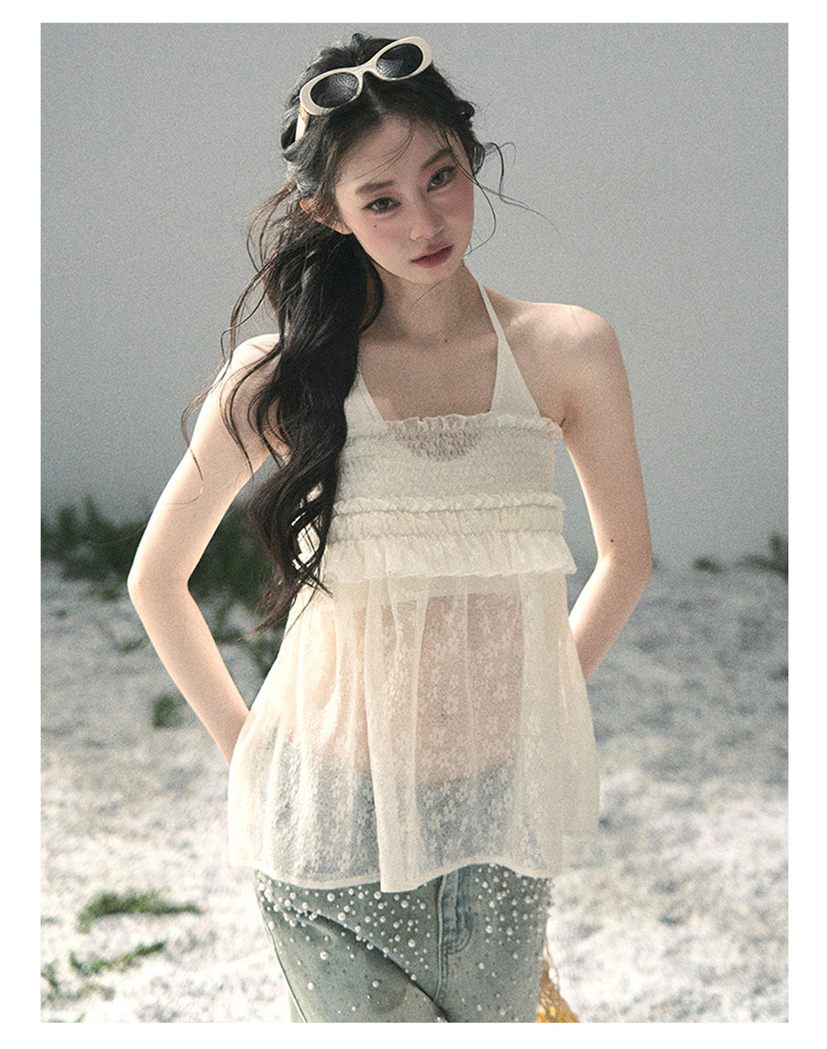 ShaoYeYan Aomalm Light Shatters Stained Glass French Sheer Halter Lace Top