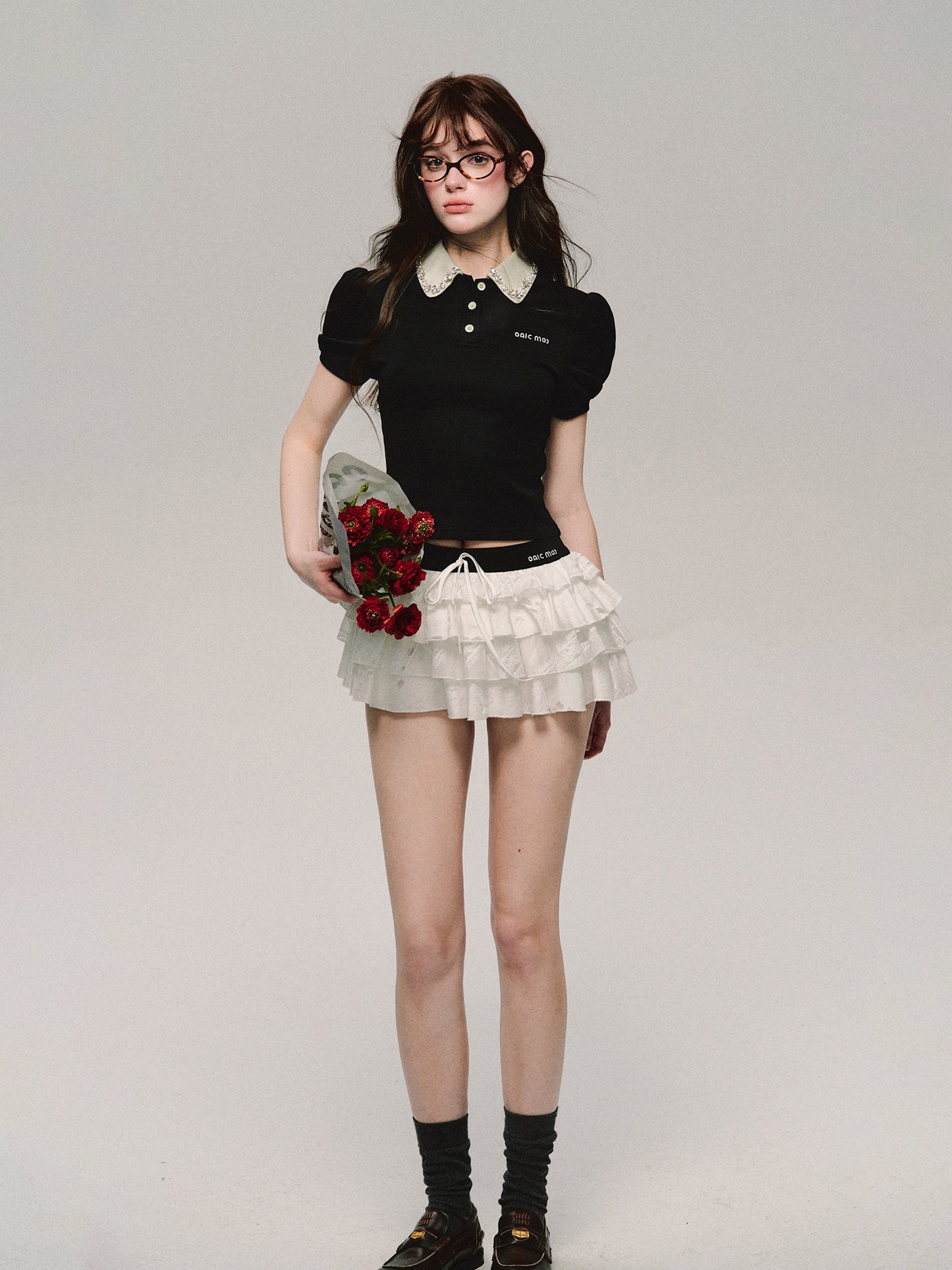 OAKMOO "Sunset Return" Polo Shirt & "Shrine Breeze" Low-Waist Skirt