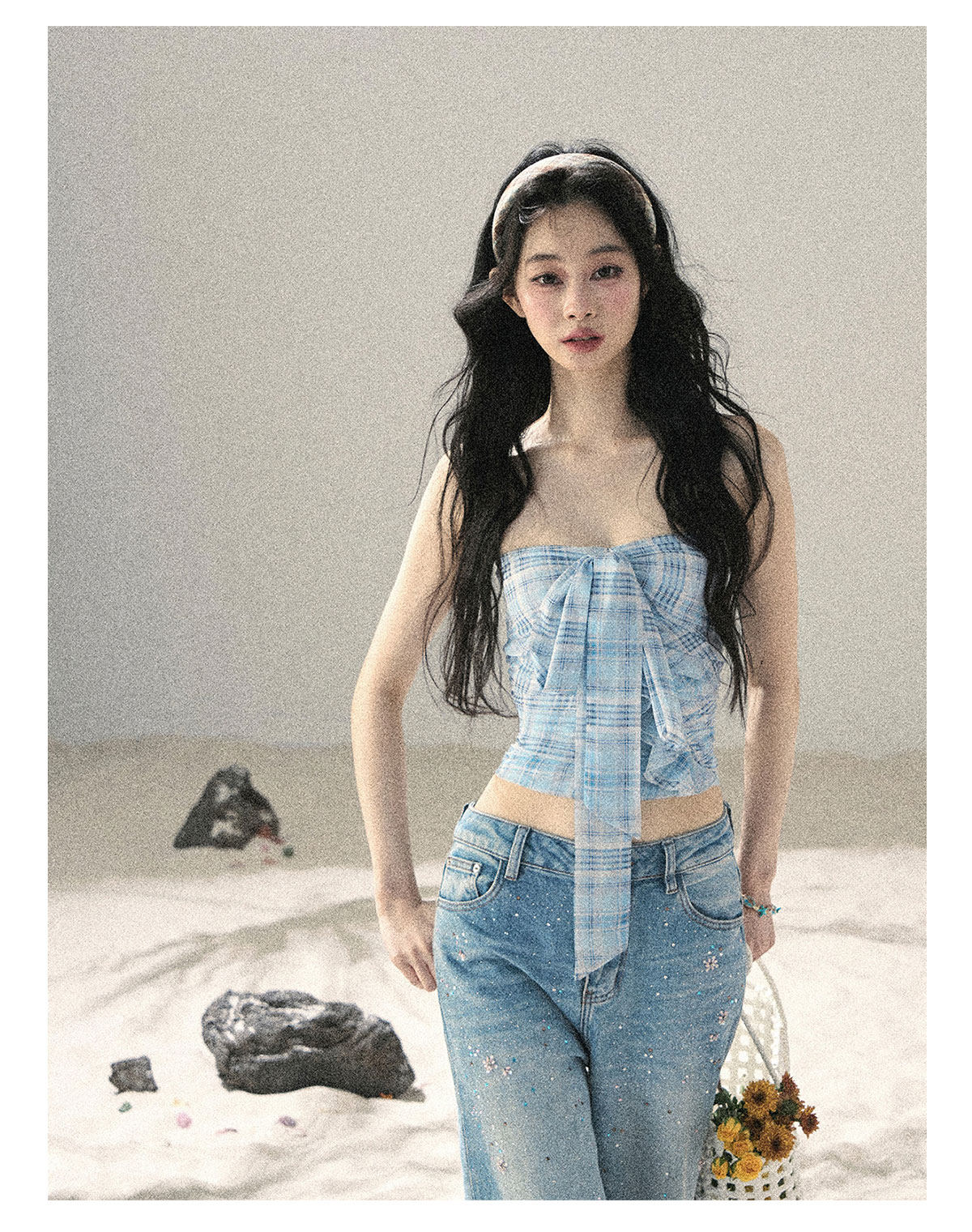 ShaoYeYan Aomalm Blue Danube Bow Plaid Bustier Top