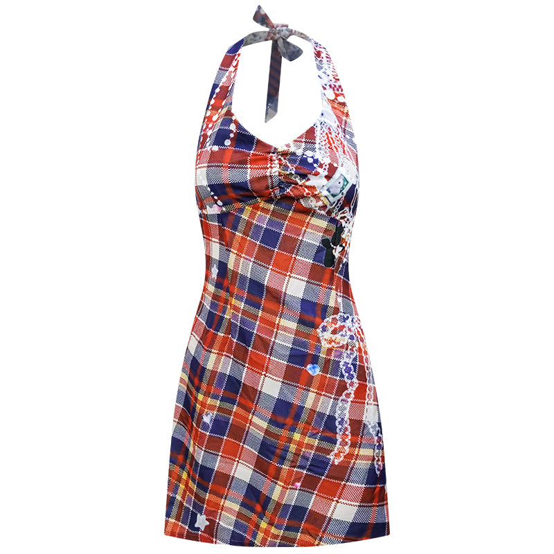 ziziFei Retro Checkered Halter Dress