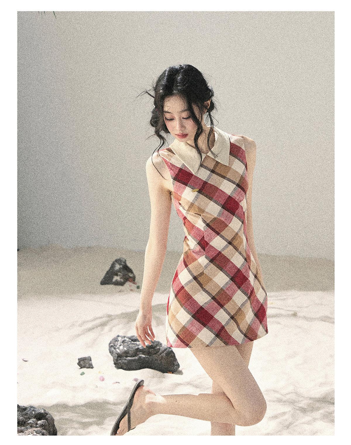 ShaoYeYan Aomalm Seaside Sunset French Polo Collar Argyle Dress