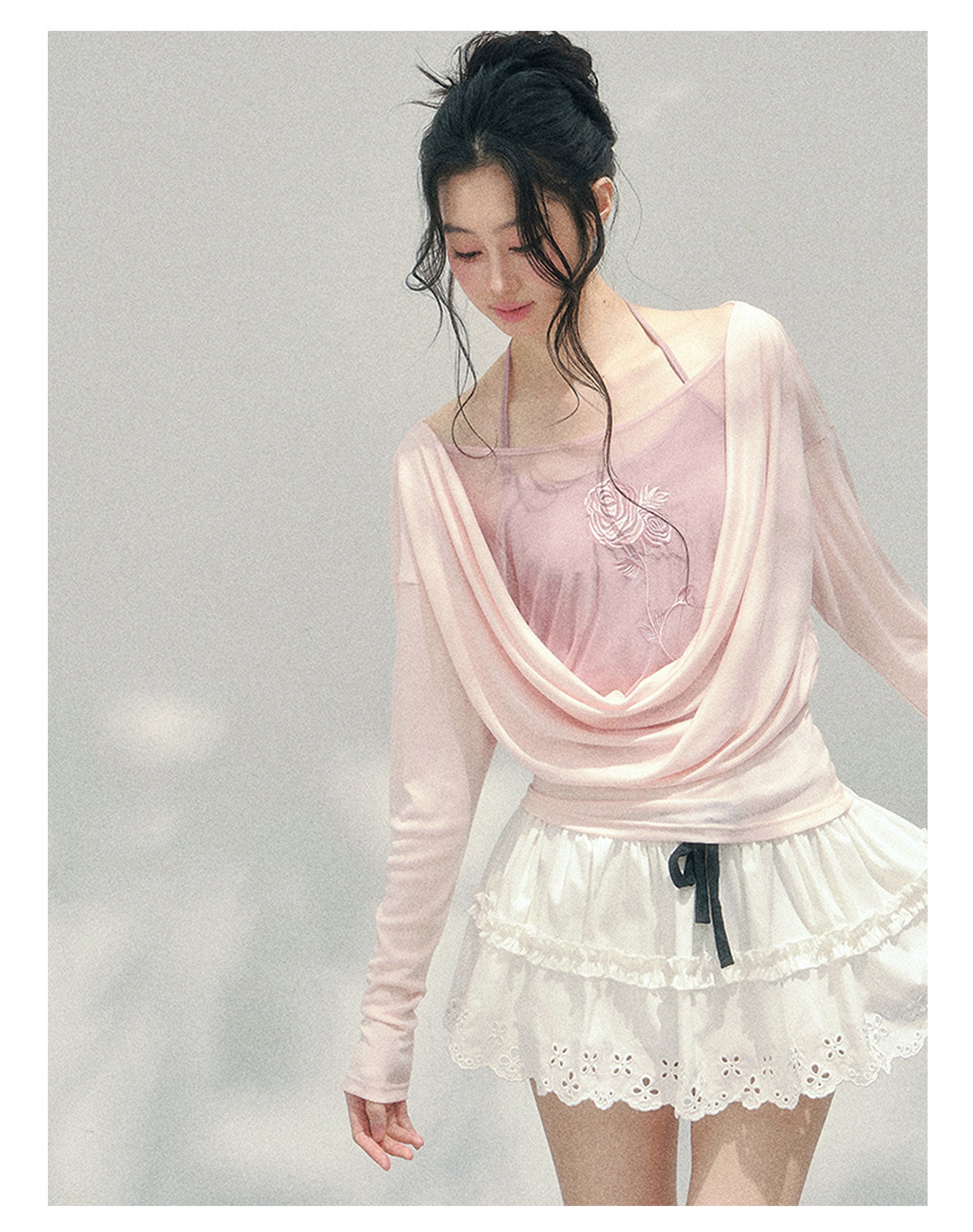 ShaoYeYan Aomalm Summer Inflorescence Fake Two-Layer Rose Embroidered Blouse