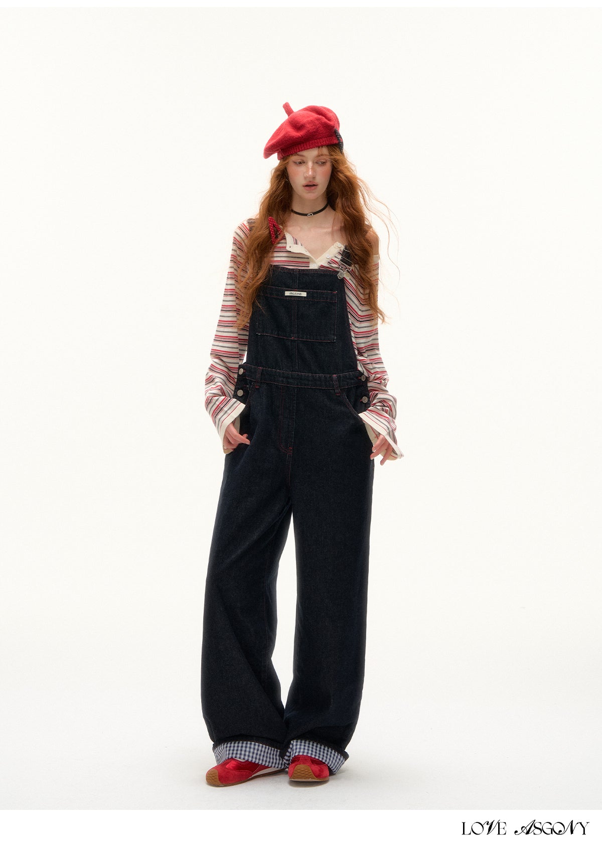 AsGony Red Stitch Raw Denim Wide-Leg Jumpsuit