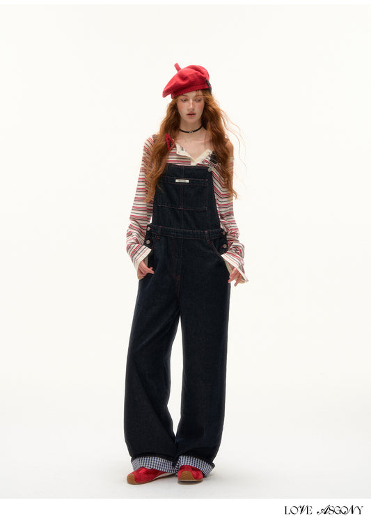 AsGony Red Stitch Raw Denim Wide-Leg Jumpsuit