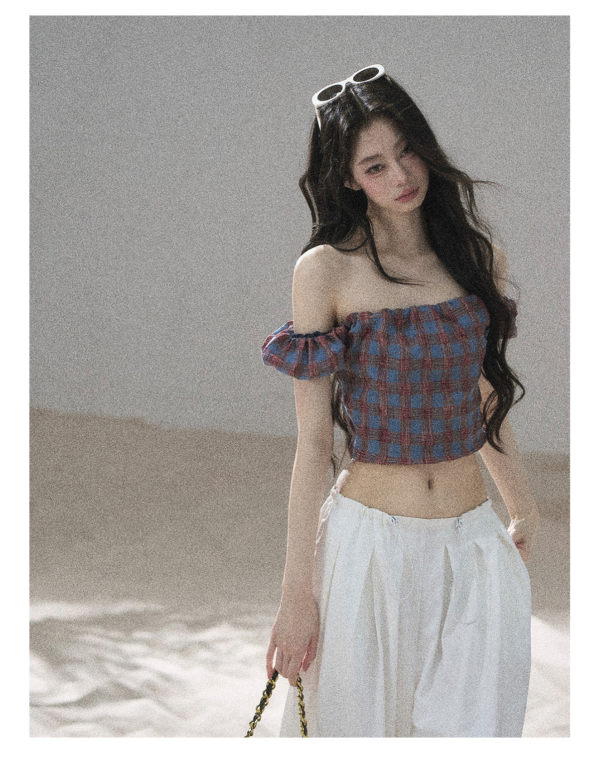 ShaoYeYan Aomalm Plaid Old Times Off-Shoulder Short Sleeve Top