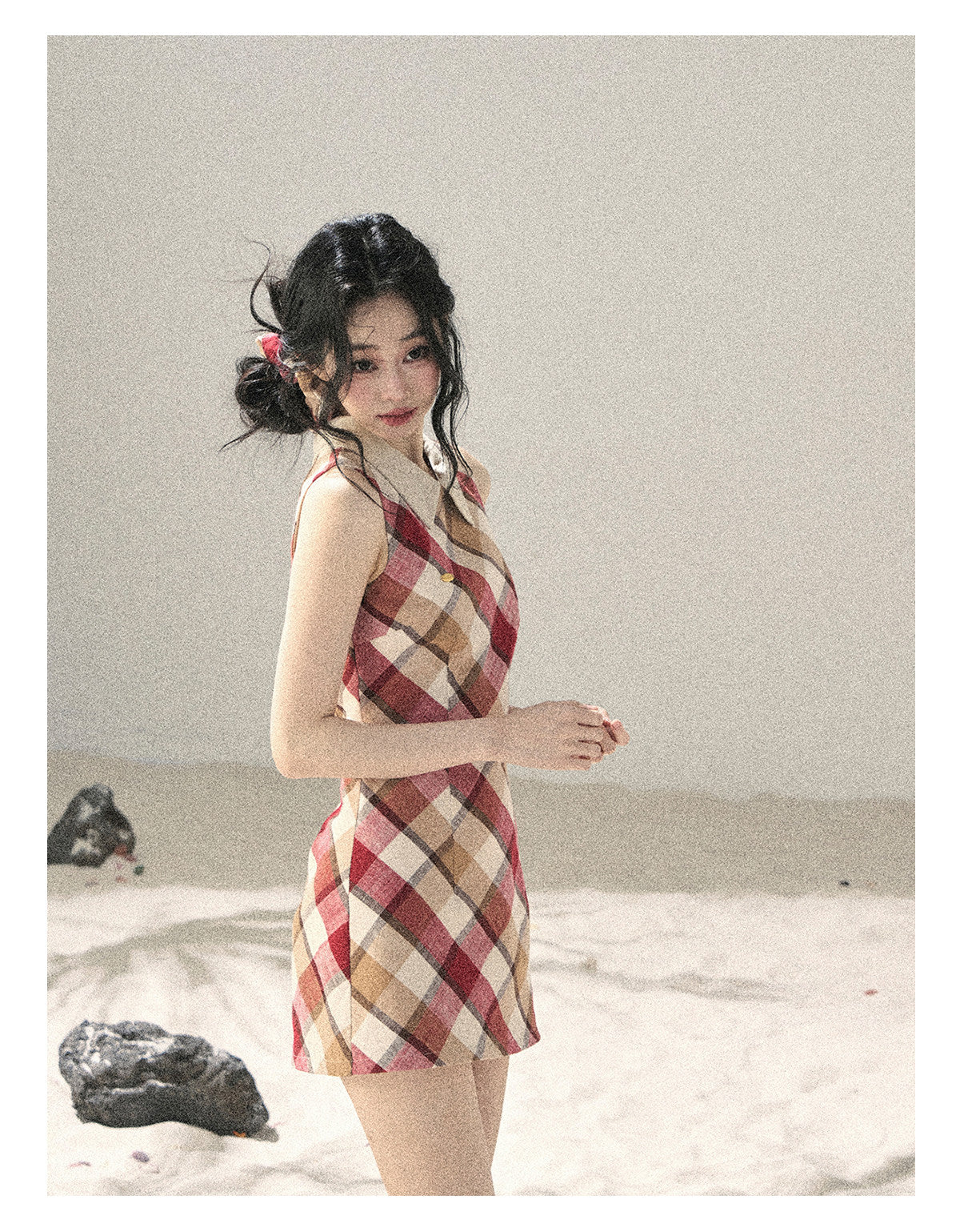 ShaoYeYan Aomalm Seaside Sunset French Polo Collar Argyle Dress