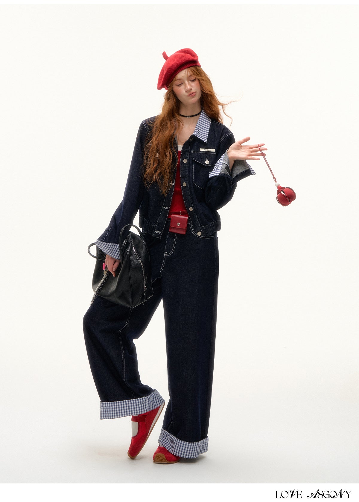 AsGony American Retro Hong Kong Style Plaid Denim Set