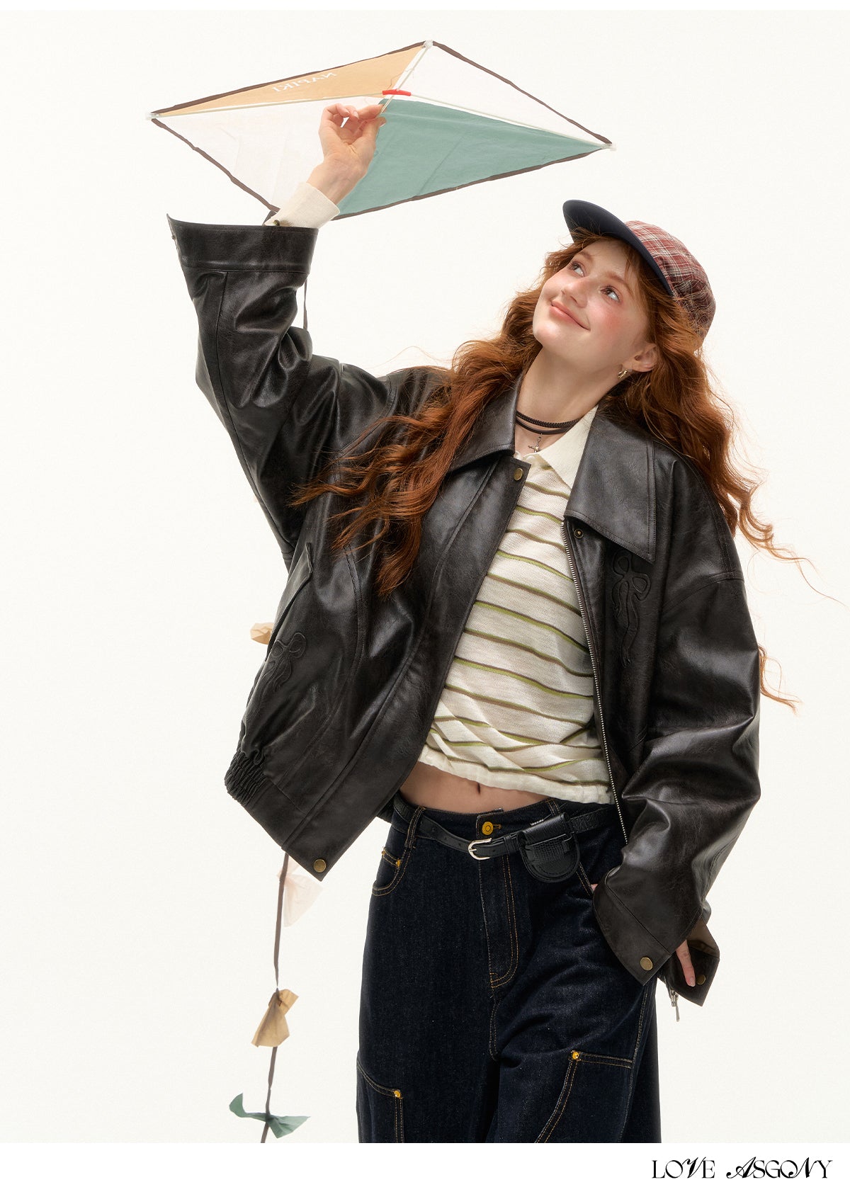 AsGony Retro Bow Collar Embossed Leather Jacket