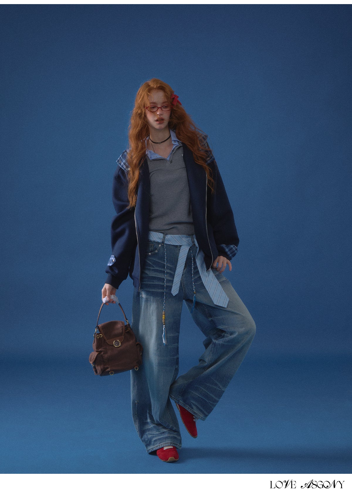 AsGony Plaid Panel Oversized Hooded Zip-Up