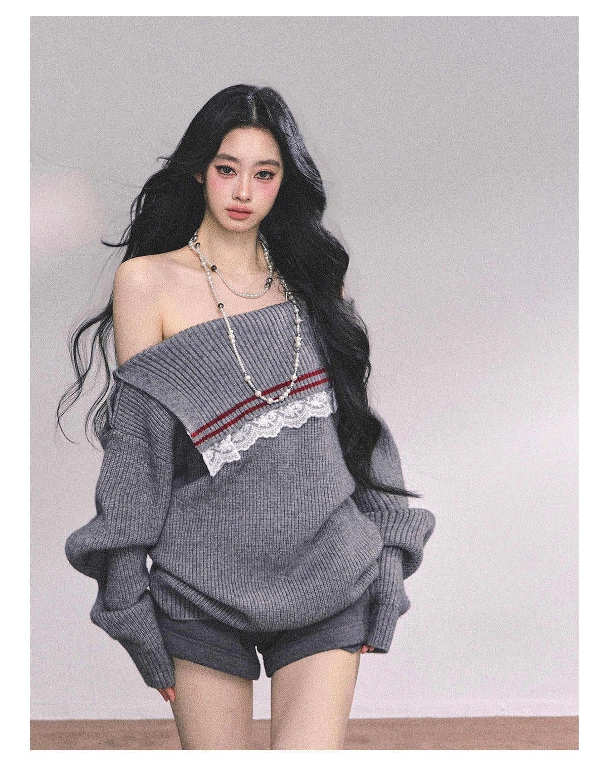 ShaoYeYan British Wit American Academia Lace Off-Shoulder Sweater