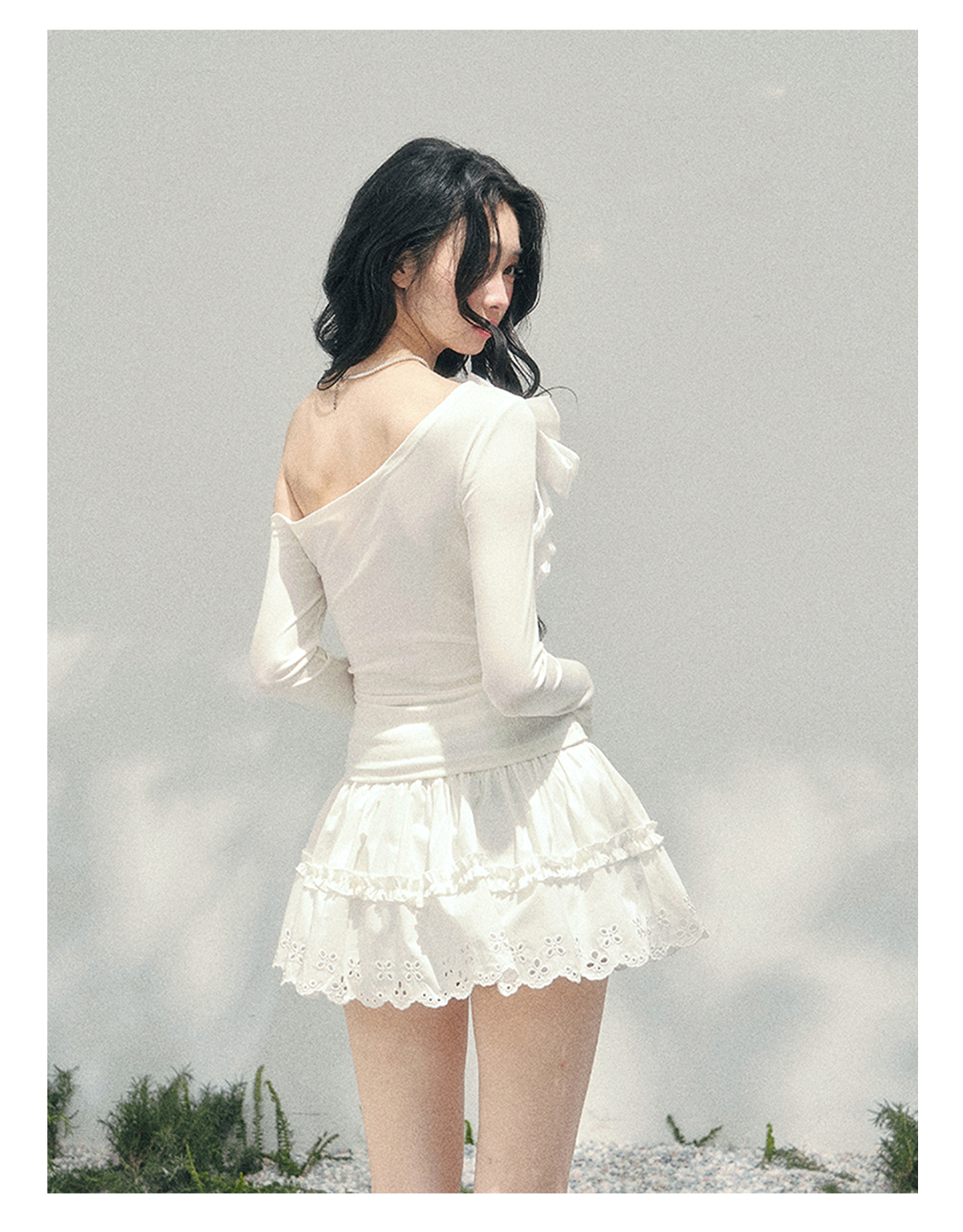 ShaoYeYan Aomalm Morning Mist Over Shoulders Bow Off-Shoulder Tee