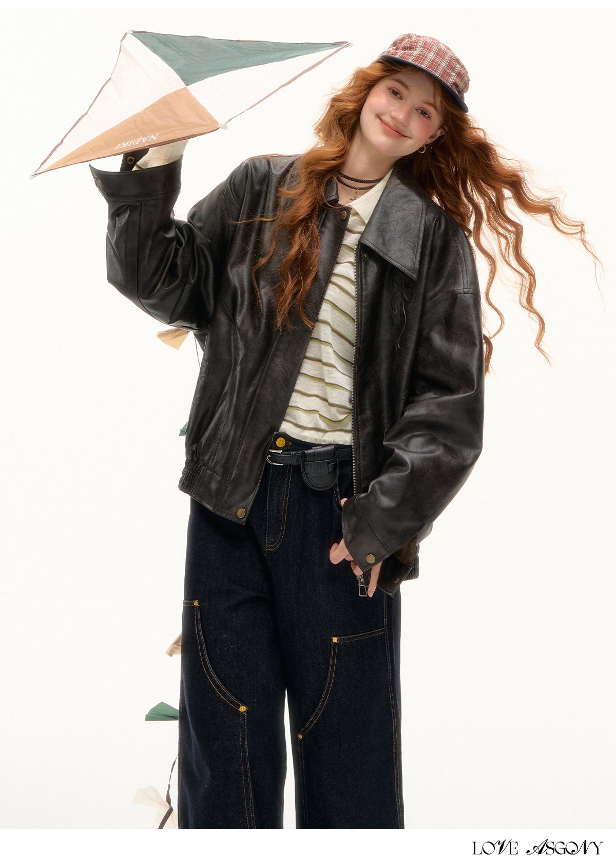 AsGony Retro Bow Collar Embossed Leather Jacket