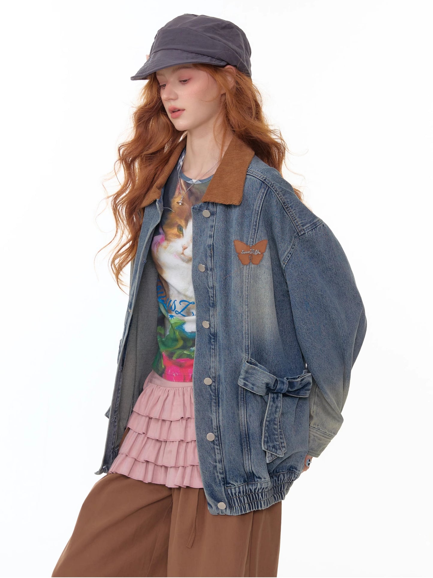 ZiziFei Corduroy-Collar Denim Jacket
