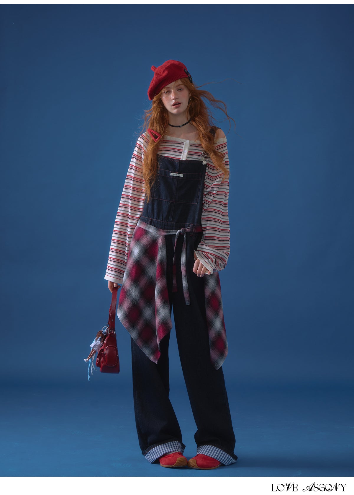 AsGony Red Stitch Raw Denim Wide-Leg Jumpsuit