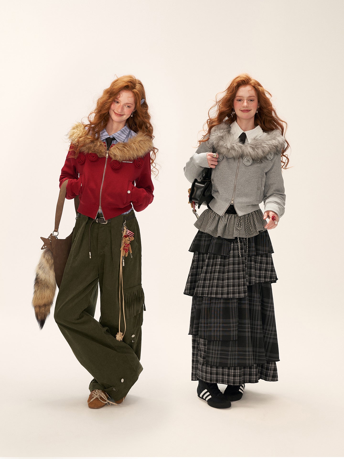 MAMC Off-Shoulder Detachable Fur Collar Double-Zip Flower Short Jacket