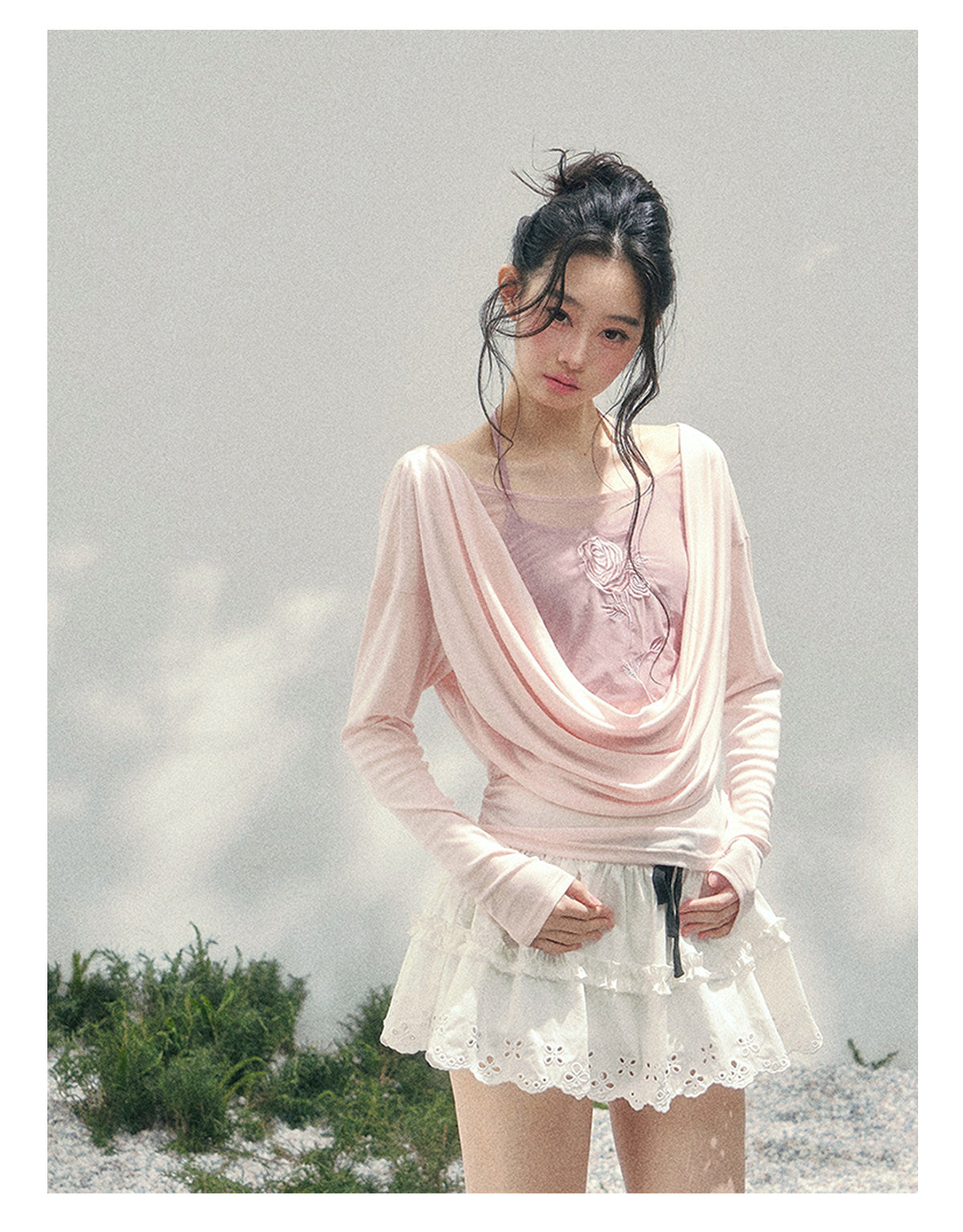 ShaoYeYan Aomalm Summer Inflorescence Fake Two-Layer Rose Embroidered Blouse