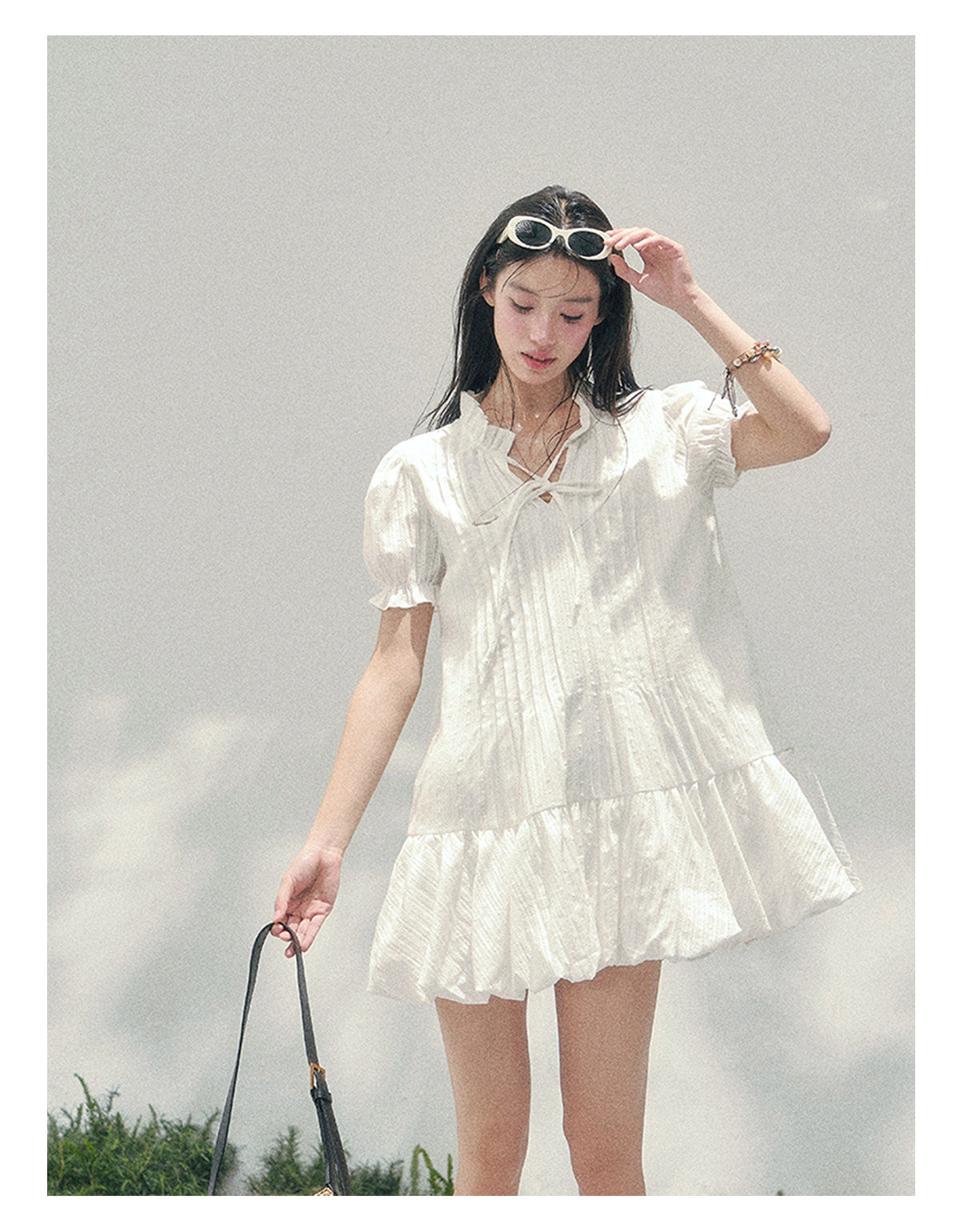 ShaoYeYan Aomalm Simple Skirt with Light Pleats French Bubble Sleeve Dress
