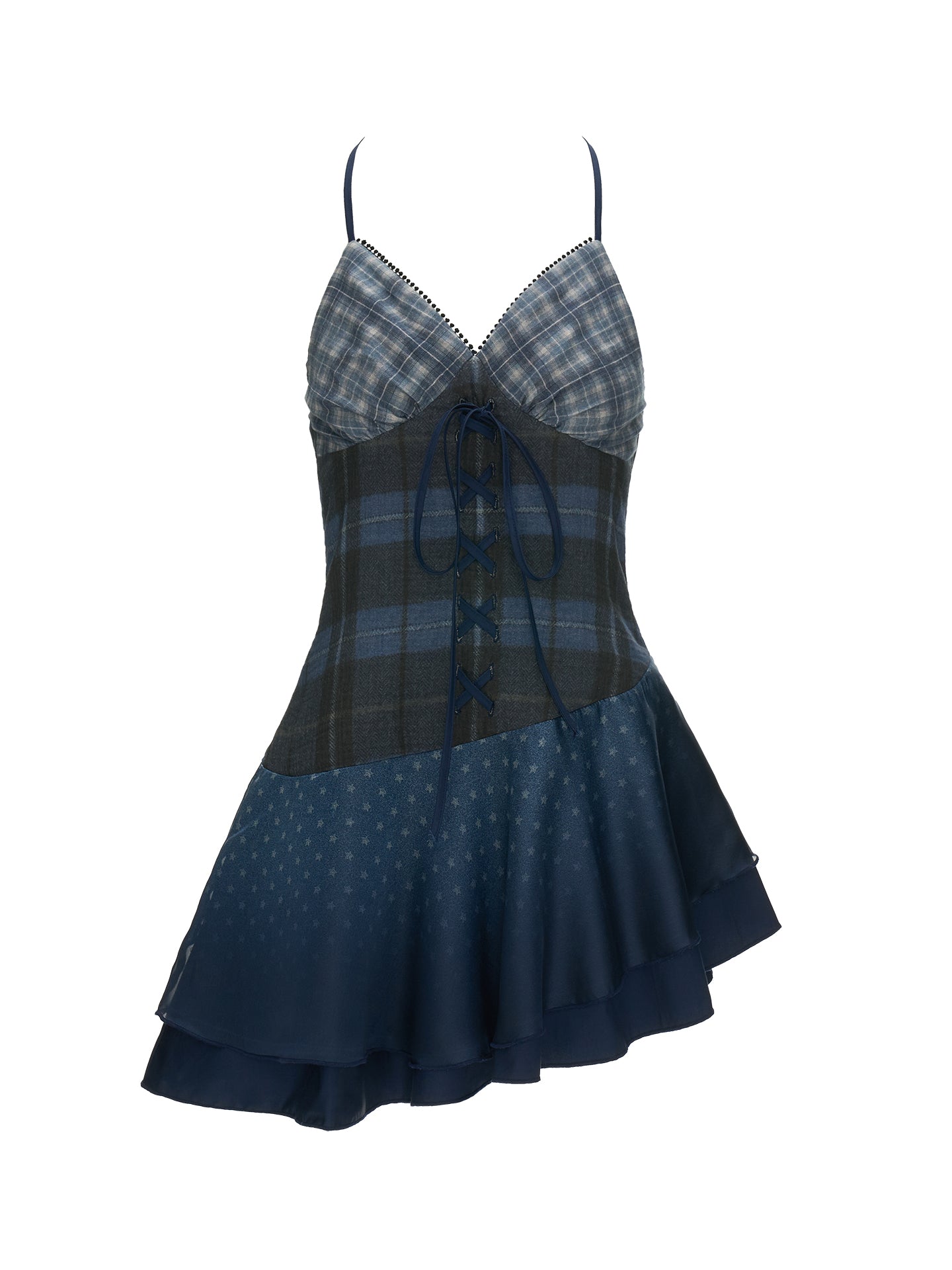 MAMC Blue Plaid Paneled Slip Dress