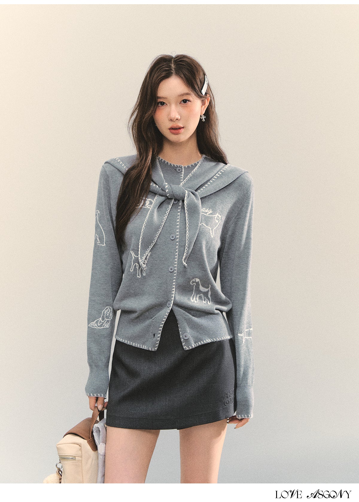 AsGony Puppy Embroidery Trim Hooded Knit Set