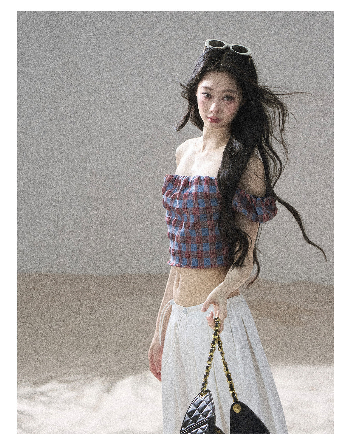 ShaoYeYan Aomalm Plaid Old Times Off-Shoulder Short Sleeve Top
