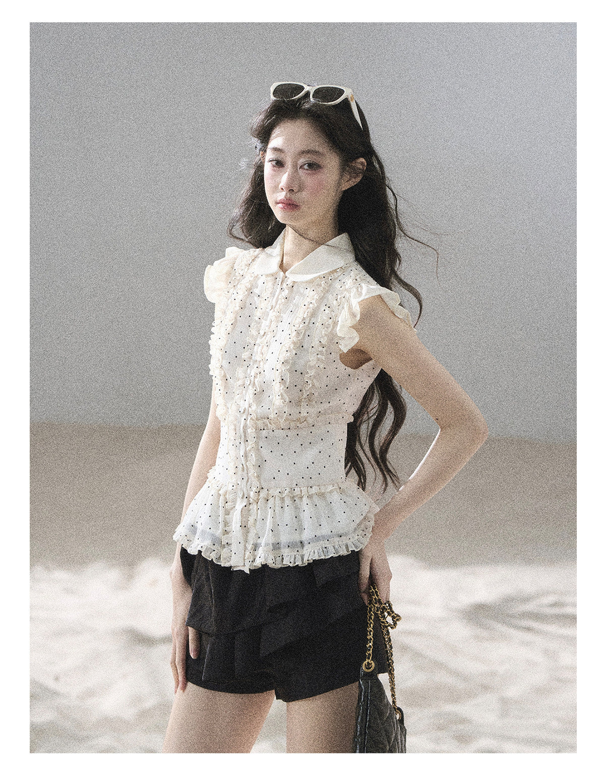 ShaoYeYan Aomalm Maiden's Journey Ruffle French Polka Dot Chiffon Shirt