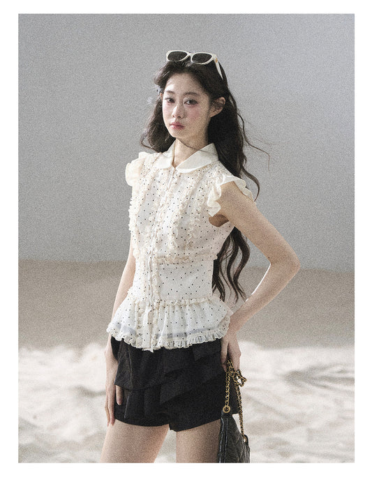 ShaoYeYan Aomalm Maiden's Journey Ruffle French Polka Dot Chiffon Shirt