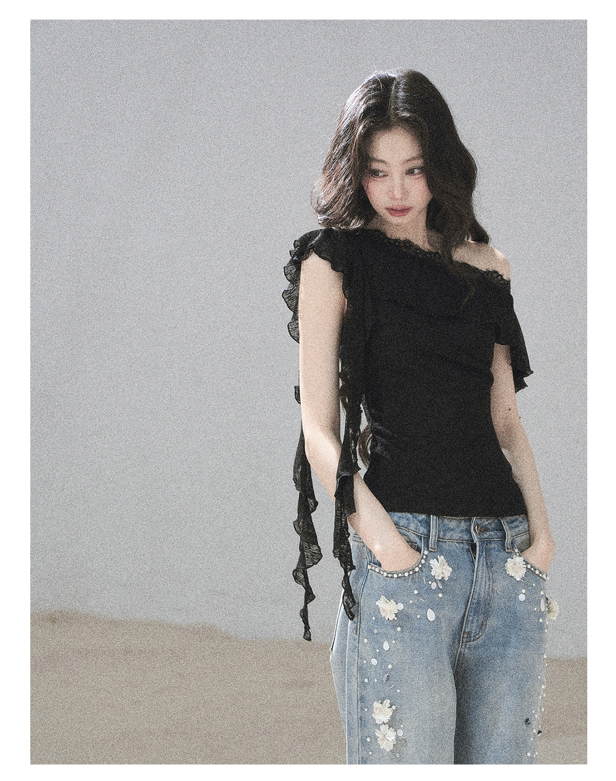 ShaoYeYan Aomalm Before Sunset Falls Korean Off-Shoulder Lace Top