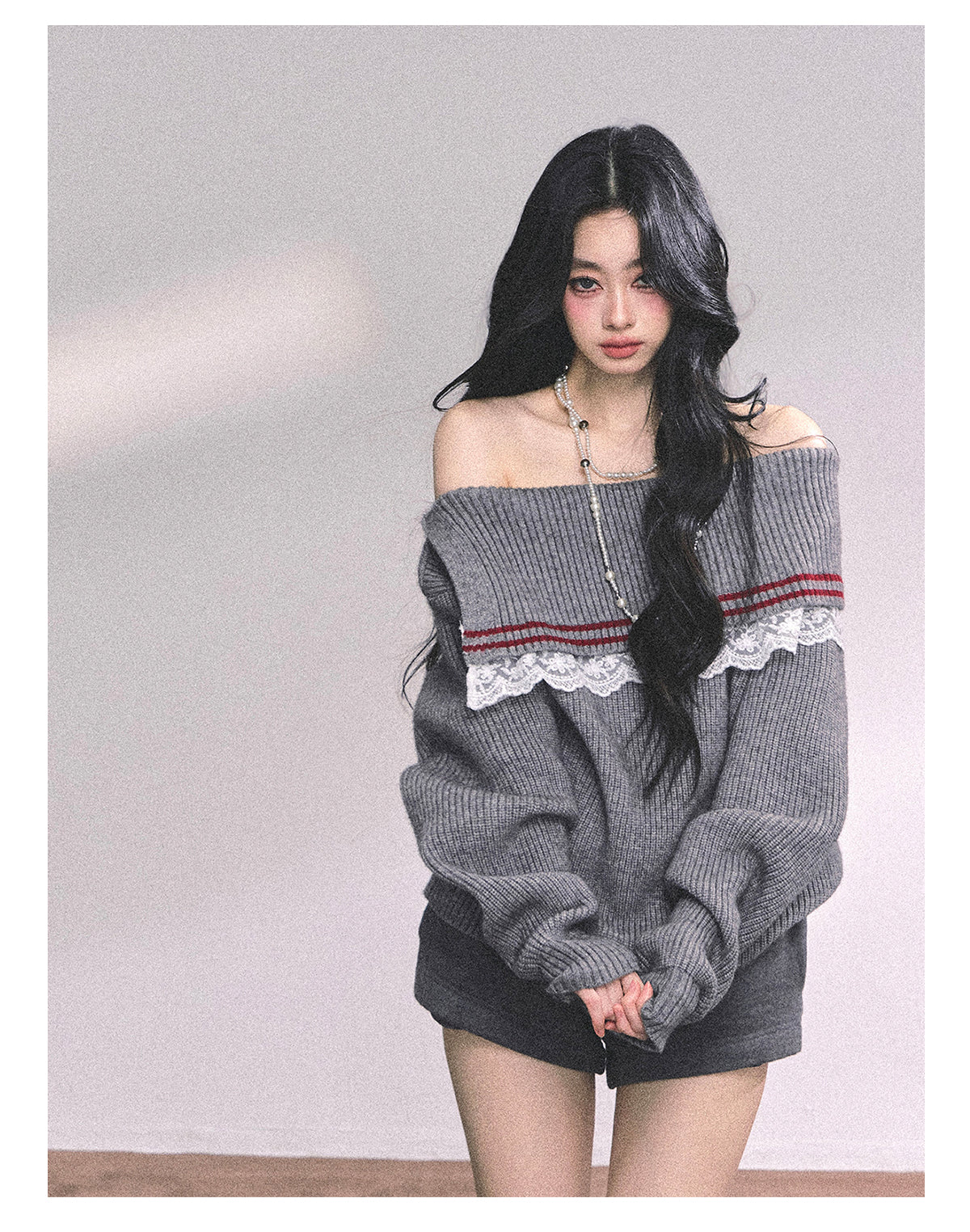 ShaoYeYan British Wit American Academia Lace Off-Shoulder Sweater