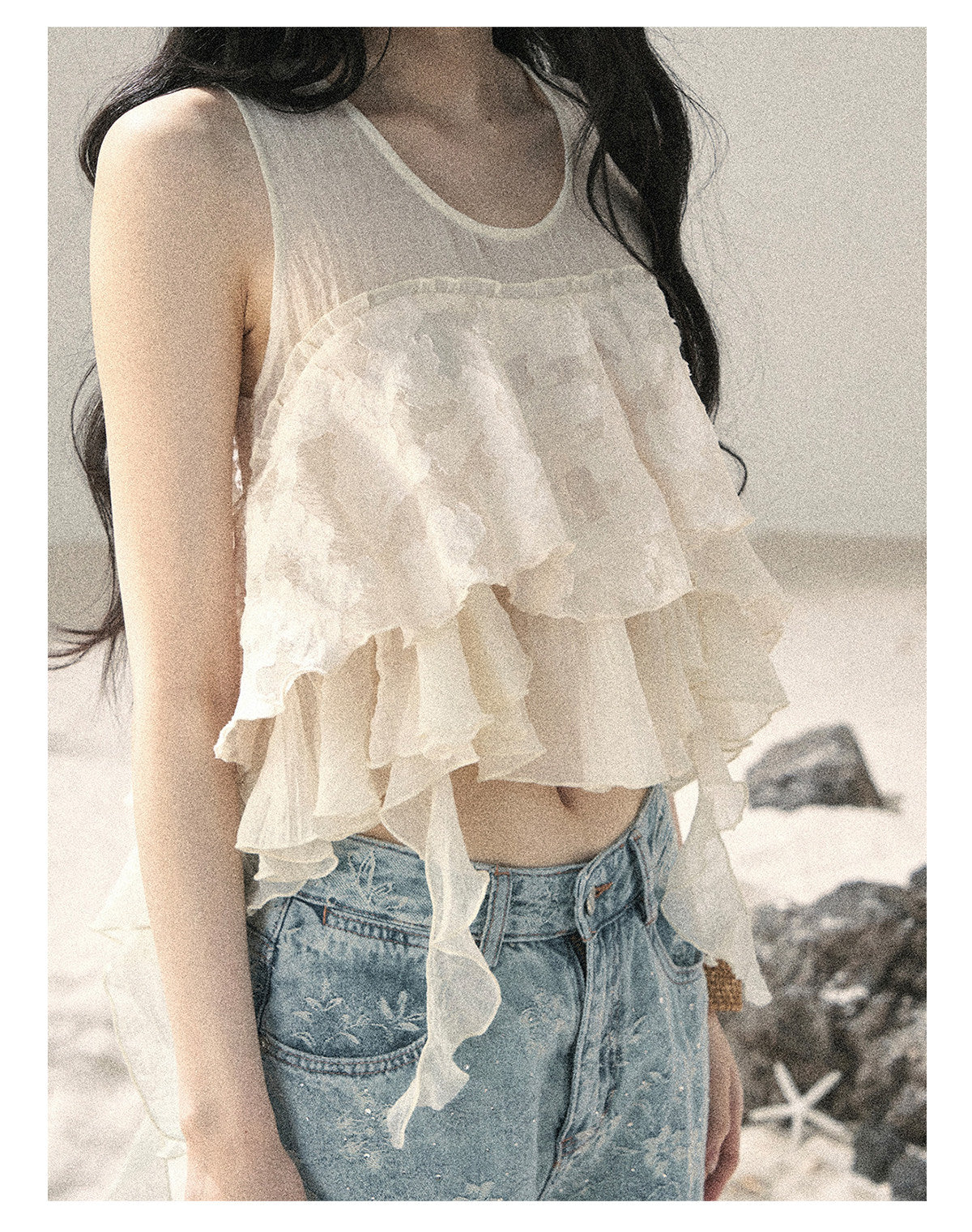 ShaoYeYan Aomalm Moonlight Flows Across the Lake French Chiffon Mesh Top