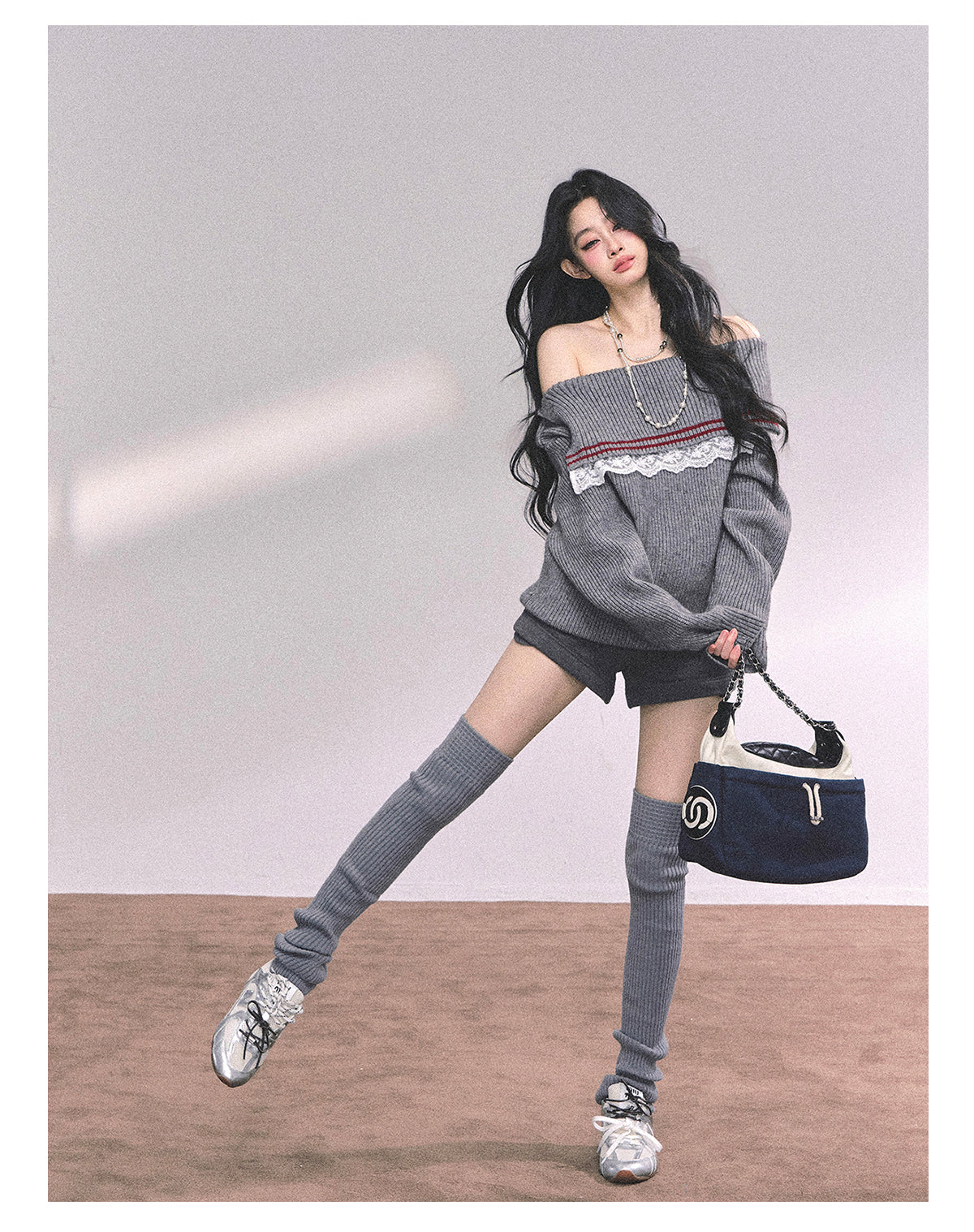 ShaoYeYan British Wit American Academia Lace Off-Shoulder Sweater