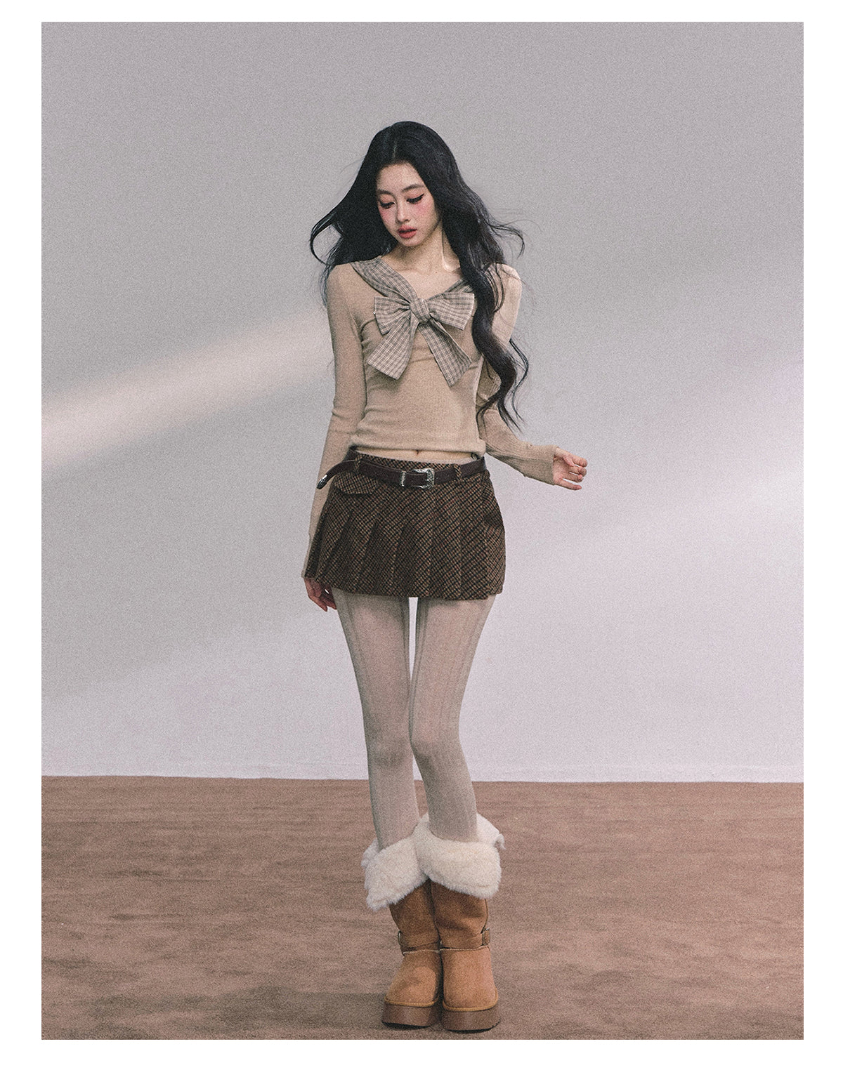 ShaoYeYan Schoolgirl Character Card Fake Two-Layer Bow Plaid Knit Top