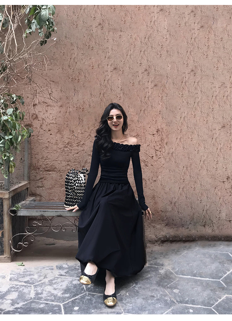 MULVAN "Moonlight Silk" Flared Midi Skirt & "Off-Duty Star" Floral Shoulder Top