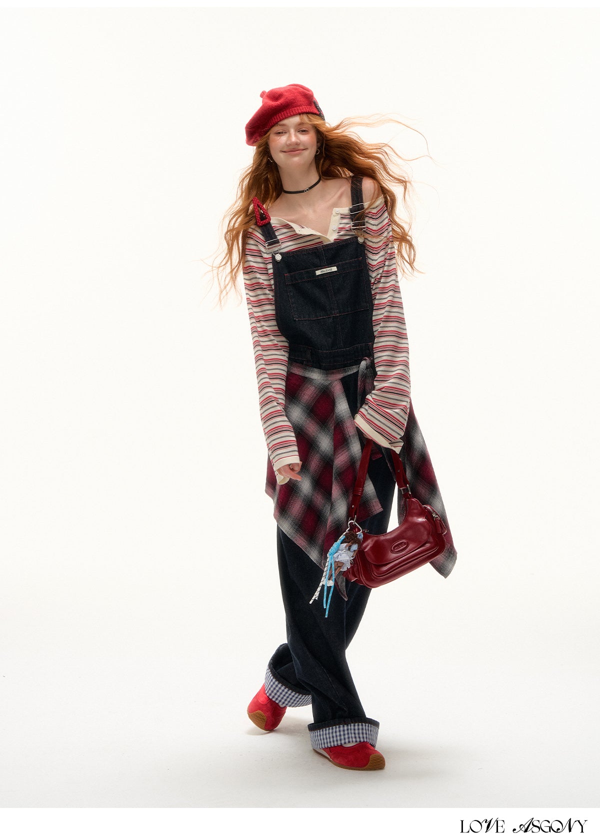 AsGony Red Stitch Raw Denim Wide-Leg Jumpsuit