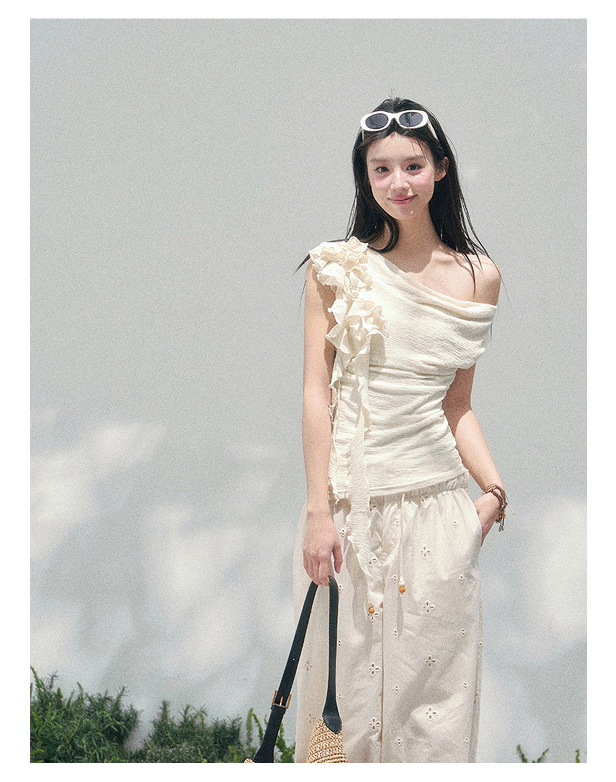 ShaoYeYan Aomalm Pale Whisper French Ruffle Off-Shoulder Tee