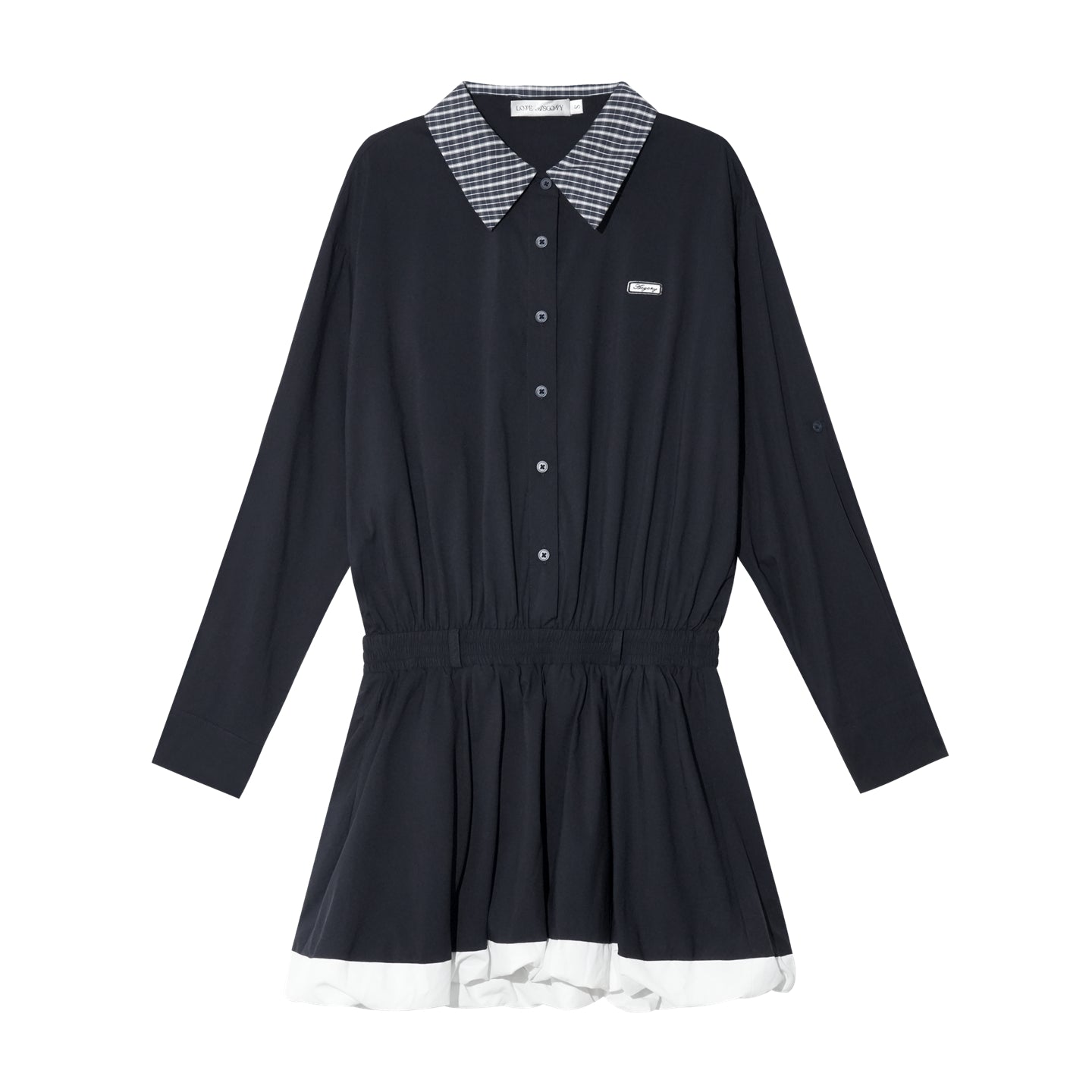 AsGony Plaid Collar Black Long Sleeve Shirt Dress