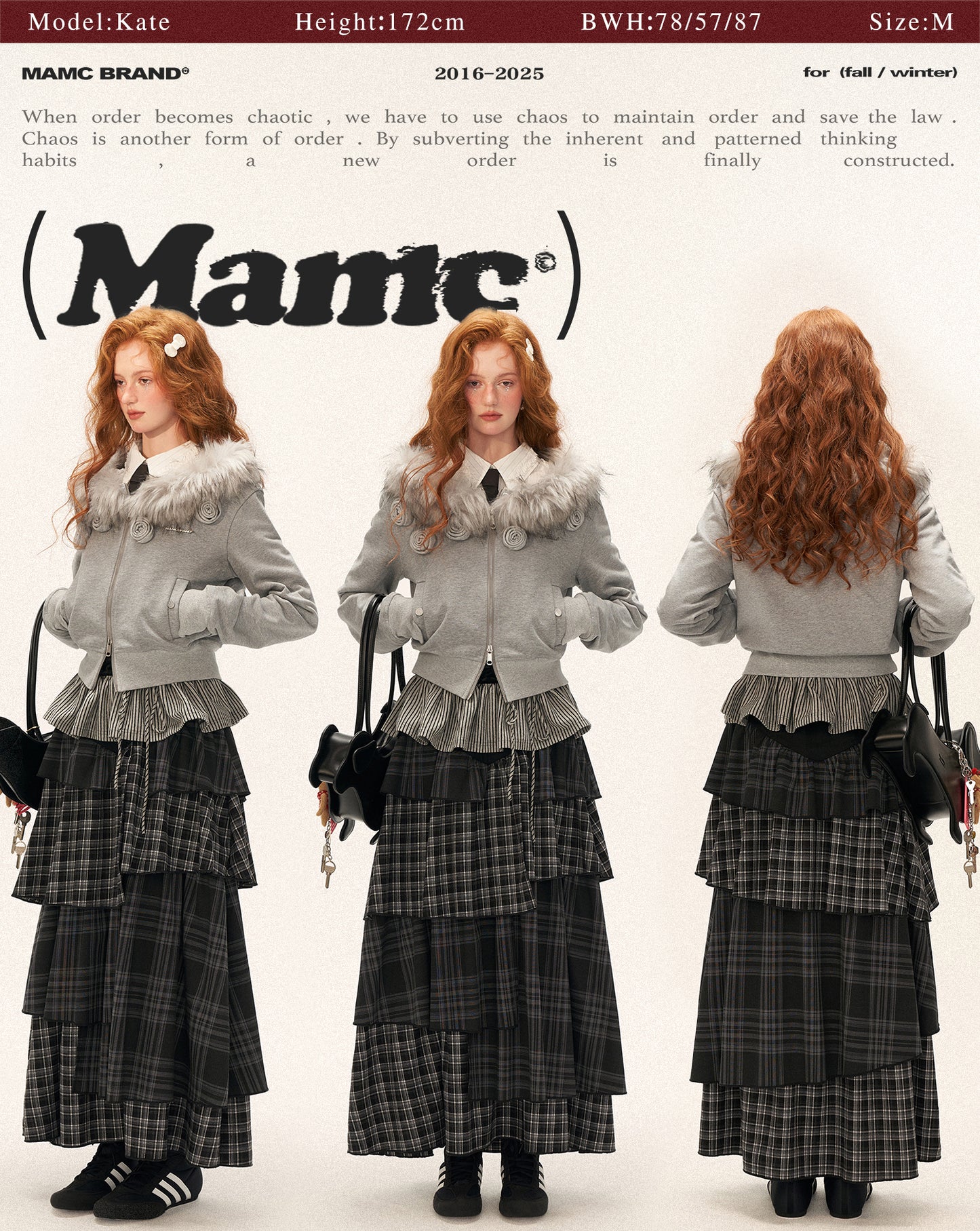 MAMC Off-Shoulder Detachable Fur Collar Double-Zip Flower Short Jacket