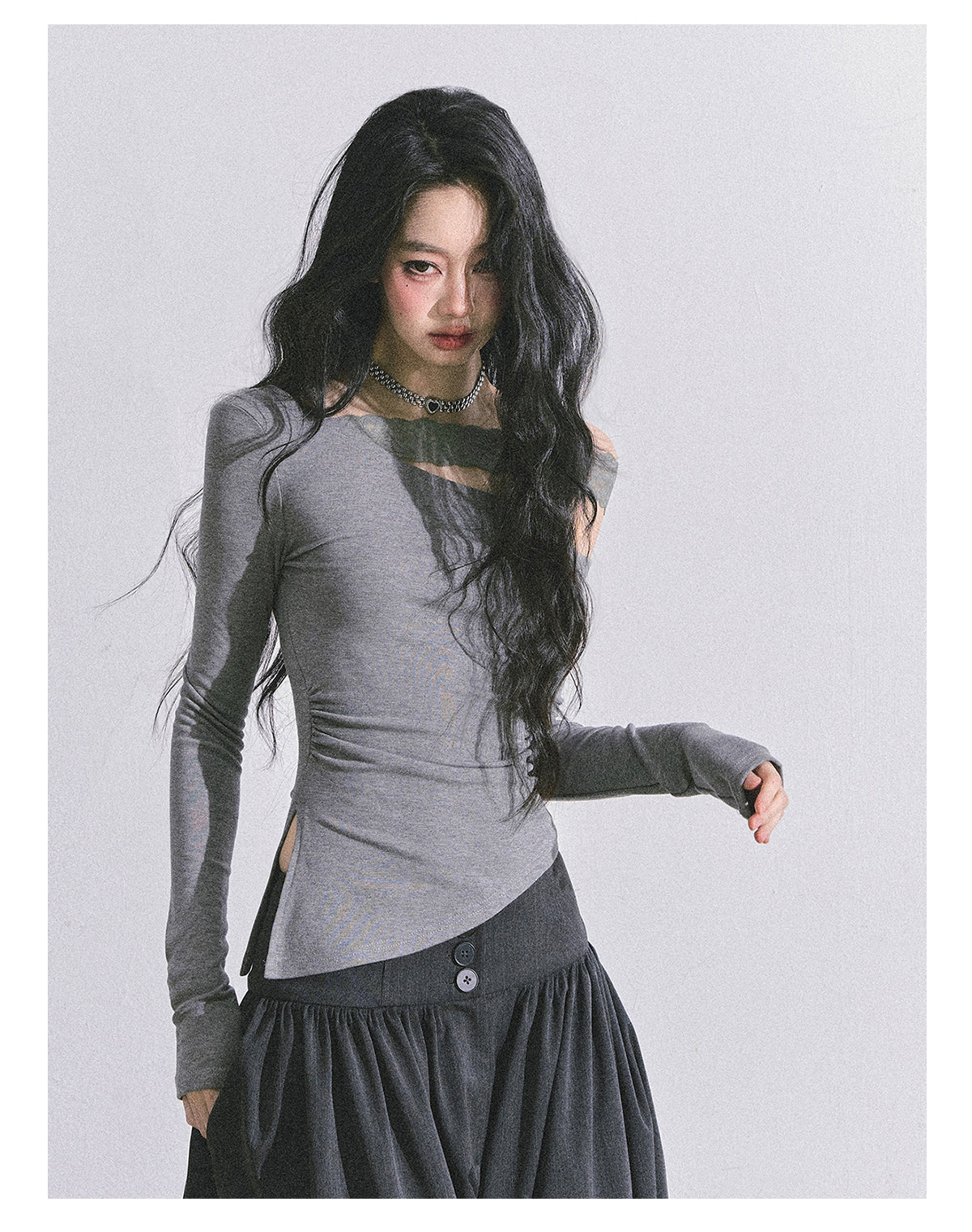 ShaoYeYan Tiny Waist Basic Long Sleeve Off-Shoulder Lace Top