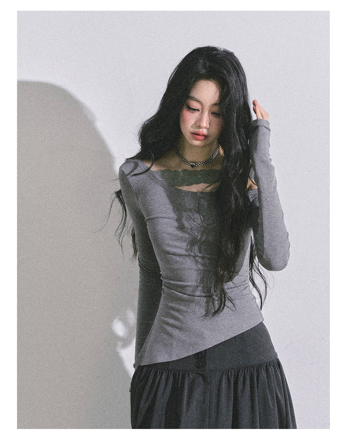 ShaoYeYan Tiny Waist Basic Long Sleeve Off-Shoulder Lace Top