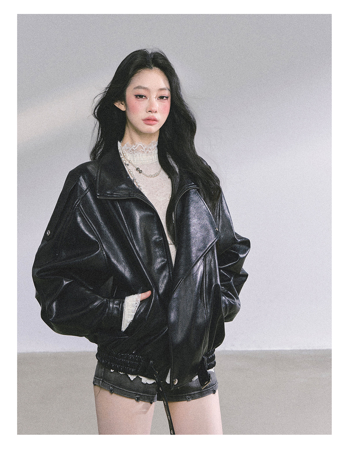 ShaoYeYan Mafia Princess Oversized Slim-Fit Black PU Leather Jacket