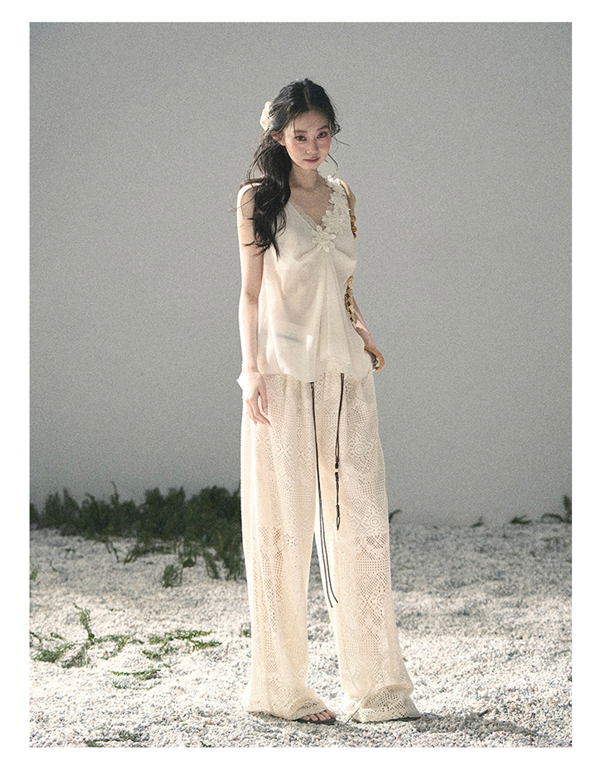 ShaoYeYan Aomalm Mute Rose French 3D Floral Sheer Lace Top