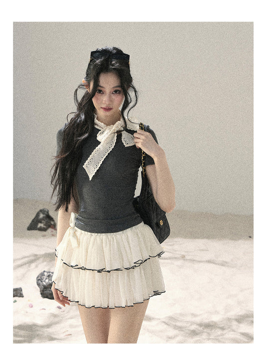 ShaoYeYan Aomalm Grey Shadow & White Fluff Korean Bow Crop Top