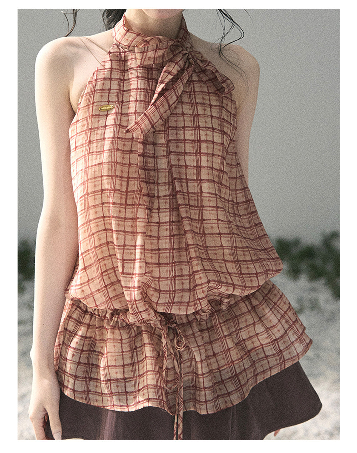 ShaoYeYan Aomalm Maple Red Whisper French Plaid Halter Top