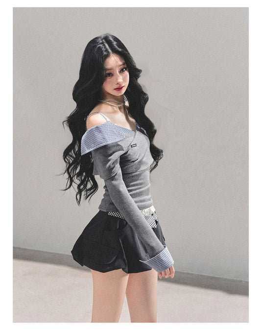 ShaoYeYan Dream Interweave Off-Shoulder Plaid T-Shirt